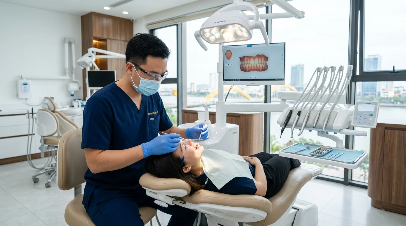 Bác sĩ Răng Hàm Mặt tại Đà Nẵng đang khám răng cho bệnh nhân tại phòng khám nha khoa hiện đại view Cầu Rồng