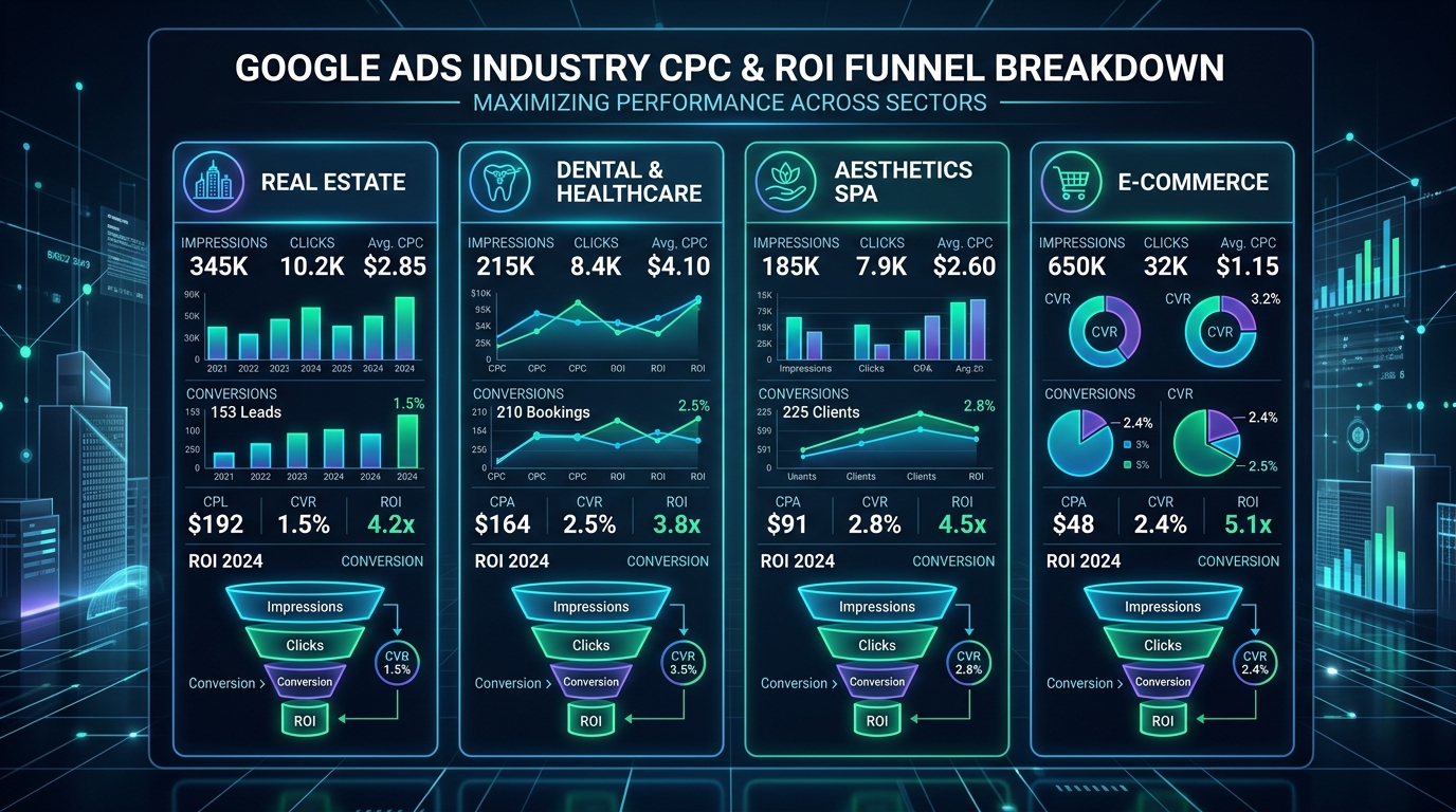 Phân tích biểu đồ giá thầu CPC và phễu chuyển đổi ROI Google Ads theo ngành nghề 2026