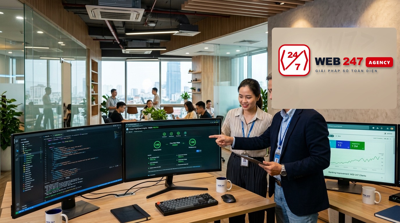 Đội ngũ kỹ sư trưởng WEB 247 AGENCY tối ưu điểm PageSpeed 100/100 và thứ hạng Google