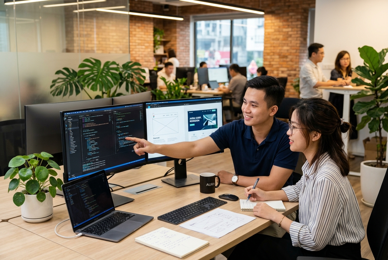 Đội ngũ lập trình viên WEB 247 AGENCY đang thiết kế website doanh nghiệp trên màn hình kép