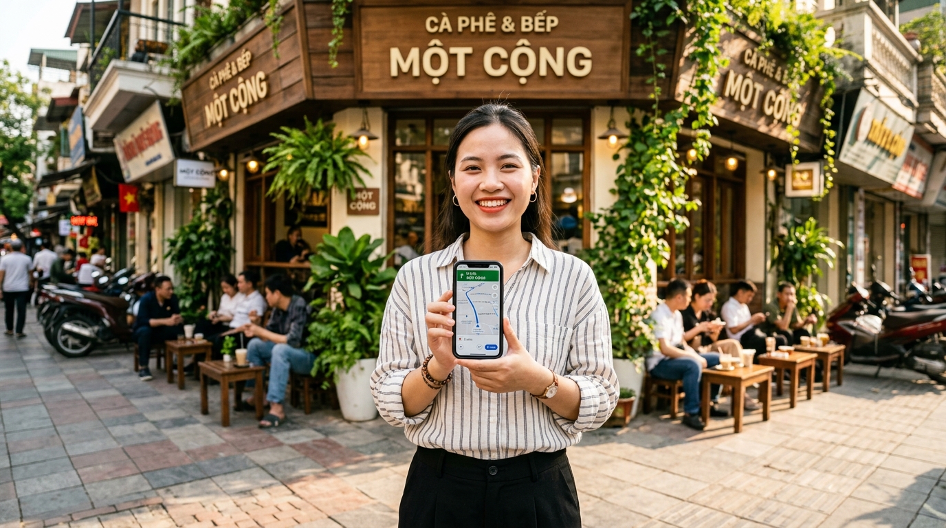 Khách hàng tìm kiếm quán ăn cafe và chỉ đường qua Google Maps thực tế