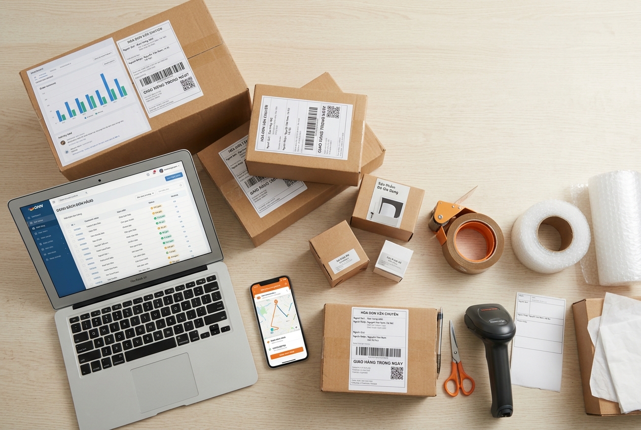 Quản lý đơn hàng và vận chuyển e-commerce — đóng gói, in vận đơn, tracking