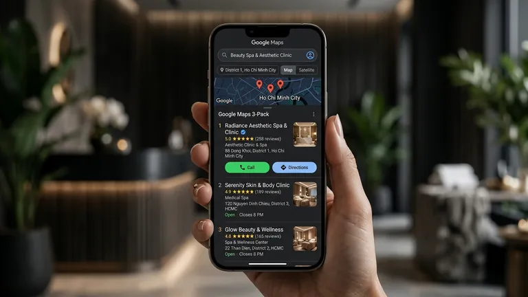 Mô phỏng vị trí hiển thị quảng cáo Google Ads và Google Maps Local Pack cho spa tại TP.HCM