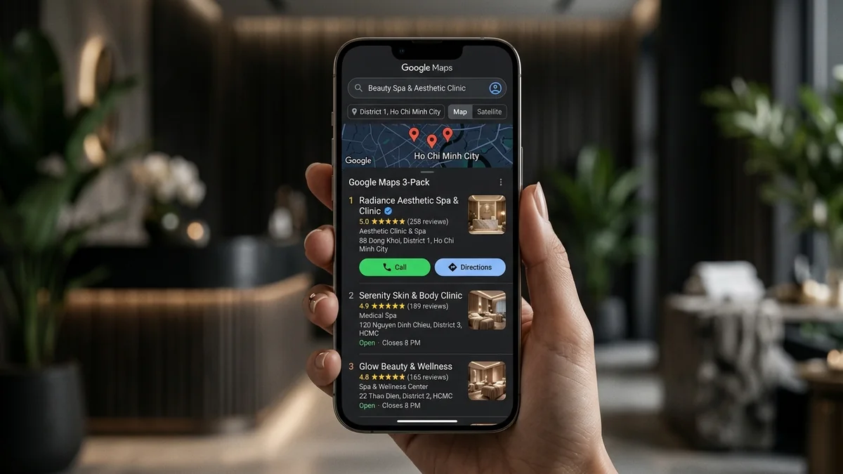 Vị trí Top 1 Google Maps 3-Pack cho dịch vụ Spa Thẩm mỹ viện tại Đà Nẵng