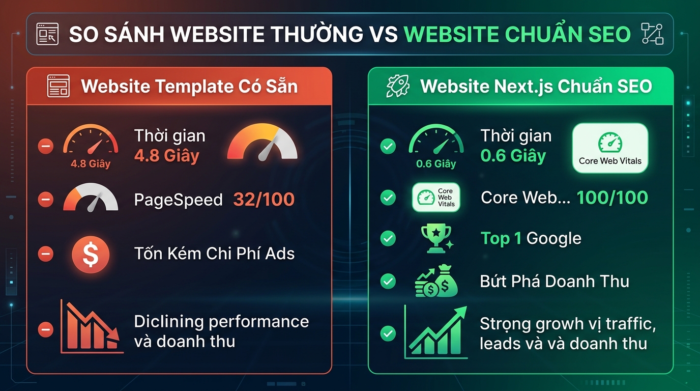 So sánh trực quan website template chậm chạp và website Next.js chuẩn SEO siêu tốc - WEB 247 AGENCY