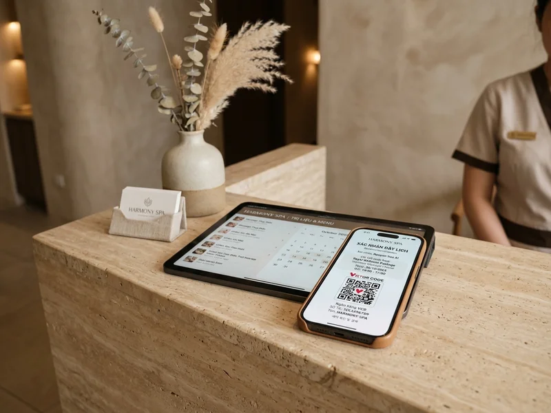 Mô phỏng giao diện đặt lịch Spa trên iPhone và iPad tại quầy lễ tân
