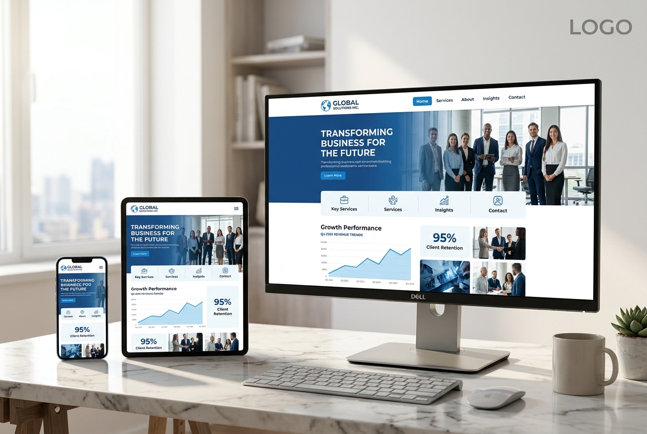 Website doanh nghiệp hiển thị responsive trên desktop, tablet và smartphone