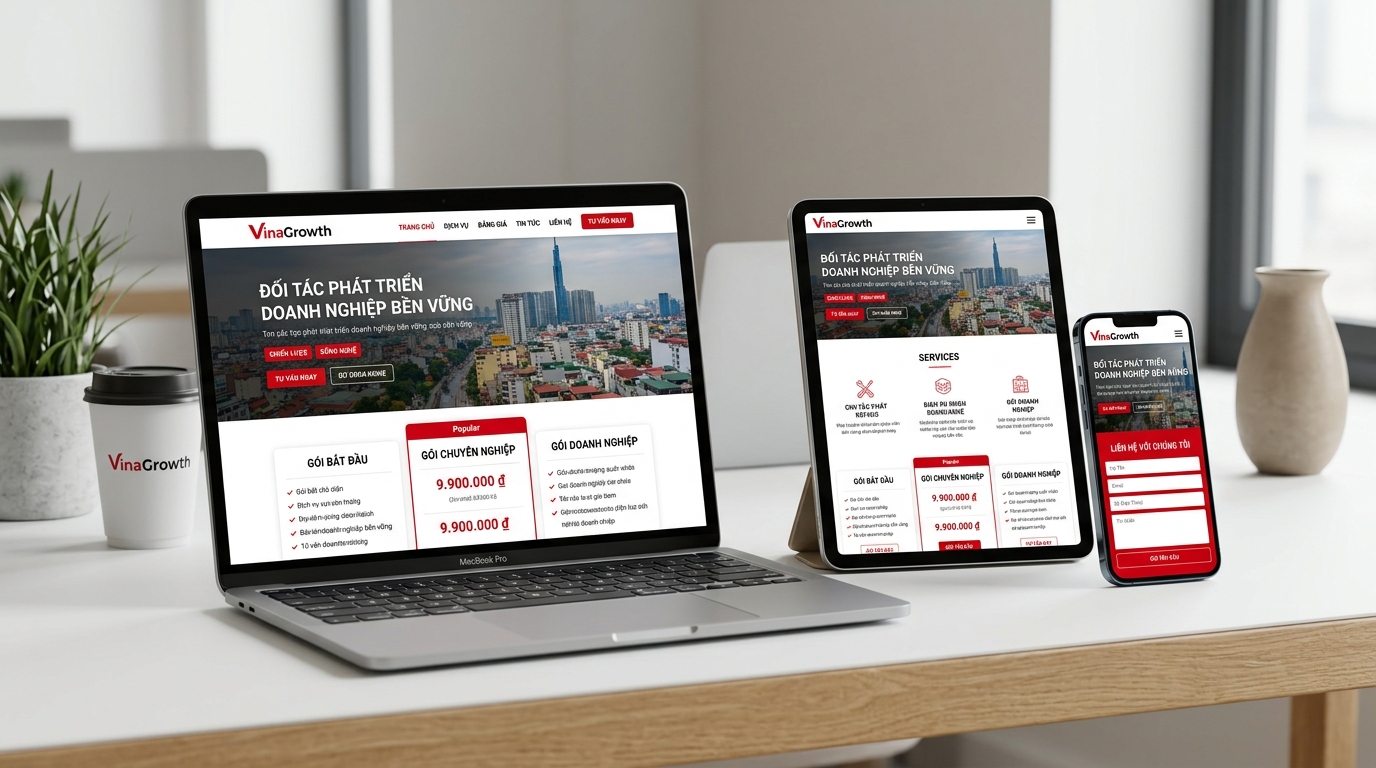 Website responsive hiển thị hoàn hảo trên laptop, tablet và điện thoại